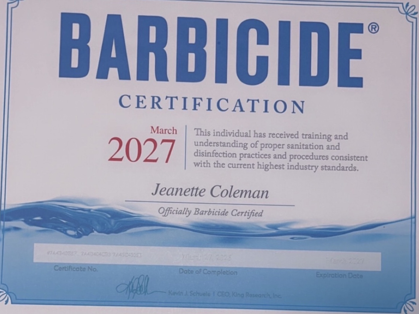 BARBICIDE certification for Jeanette Coleman