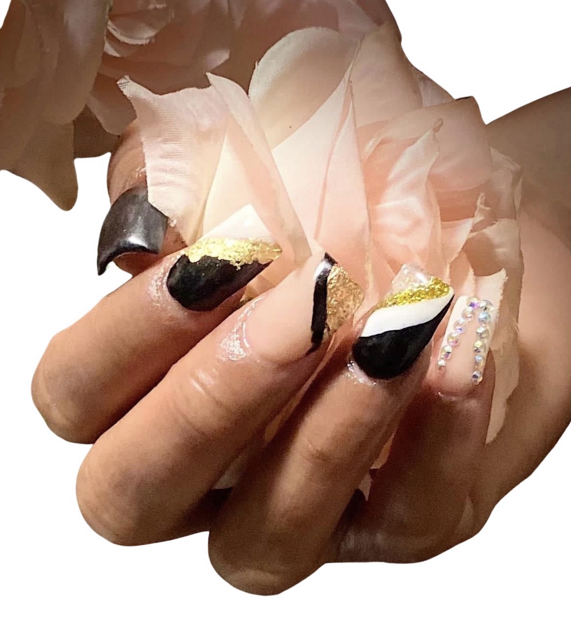 Black white gold and crystal Gloss Up nail artistry