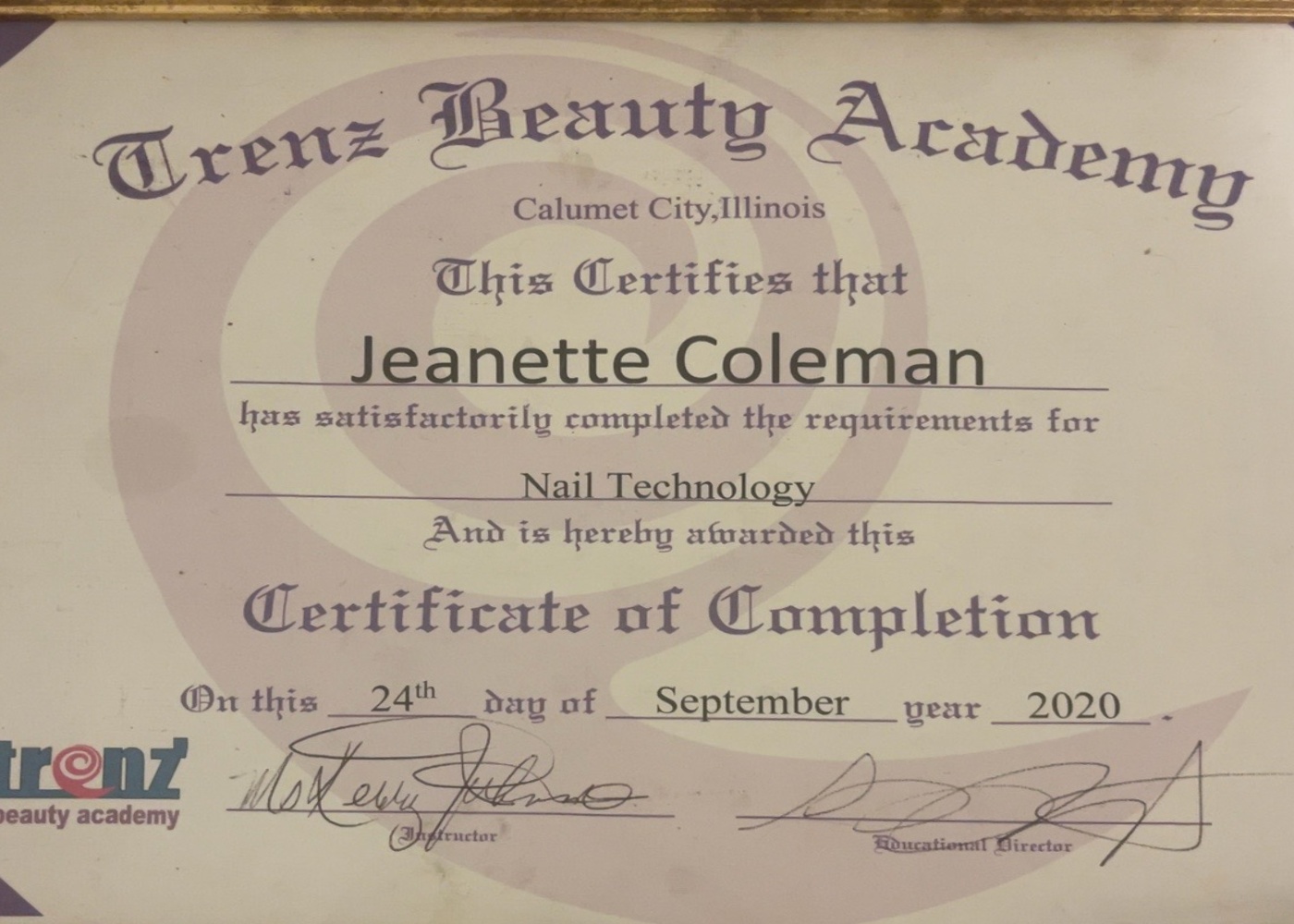 Trenz Beauty Academy Nail Technology Certificate of Completion for Jeanette Coleman